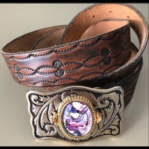 Western hand tooled genuine leather belt.